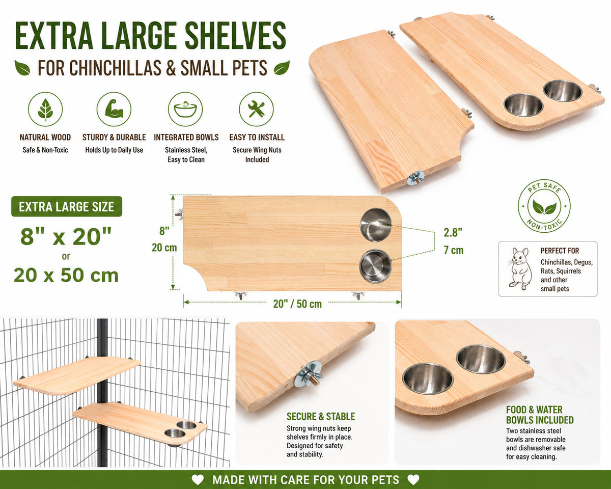 AMIDA Craft Extra Large Chinchilla Shelves with Stainless Steel Bowls